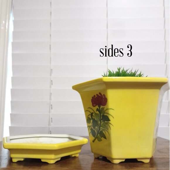 Vintage Yellow Floral Japanese Flower Pot w/Drip Tray 5.5"H - Picture 4 of 9